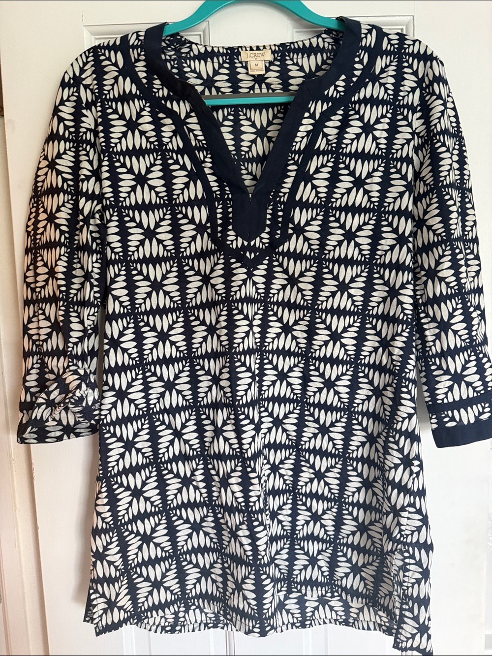 J. Crew Navy and White Floral Geometric V-Neck Tunic
